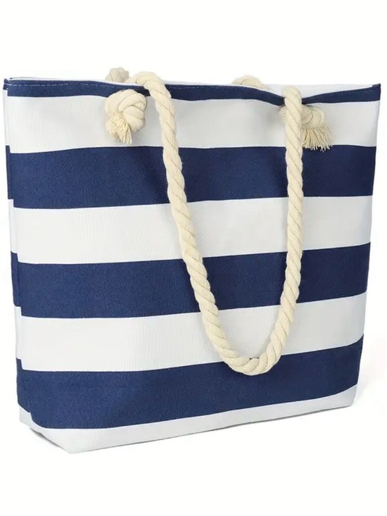 Handbags - Navy Blue and White Striped Canvas Tote Bag with Rope Handles